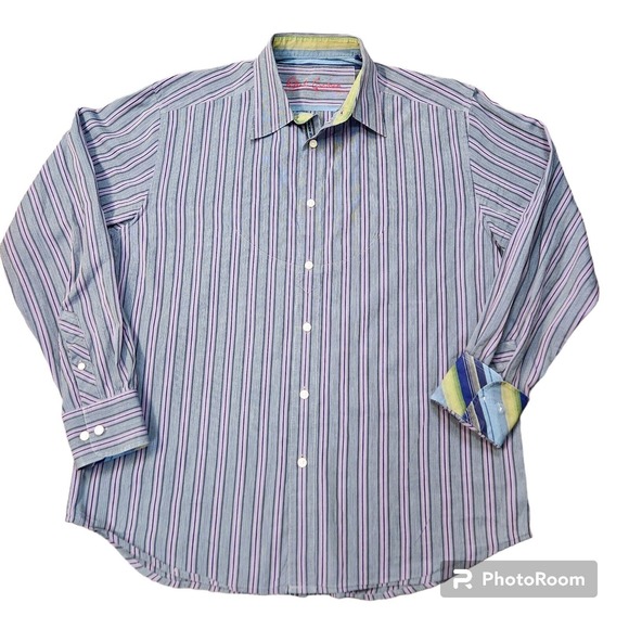 Robert Graham XL Men's Button Shirt Purple Striped Flip Cuff Embroidered - Picture 2 of 6